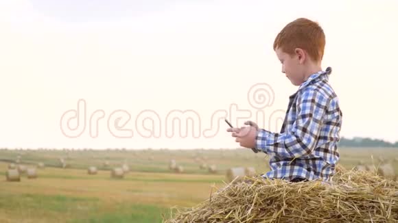 一个小男孩农夫在一个草包上手里拿着一块药片放在干草捆上视频的预览图
