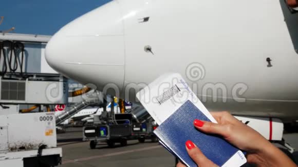 乌克兰Boryspil机场2018年10月24日特写镜头女性手拿航空公司登机牌机票登机视频的预览图