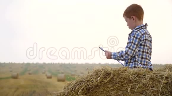 一个红头发的男孩站在草捆上手里拿着一张写着信的平板电脑手里拿着一支笔放在干草捆上视频的预览图