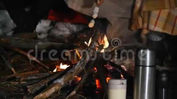一群朋友在树林里玩得很开心冬天森林里的篝火晚上慢吞吞的棉花糖视频的预览图