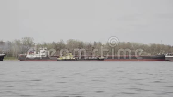 船运公司的货船在河上装载货物视频的预览图