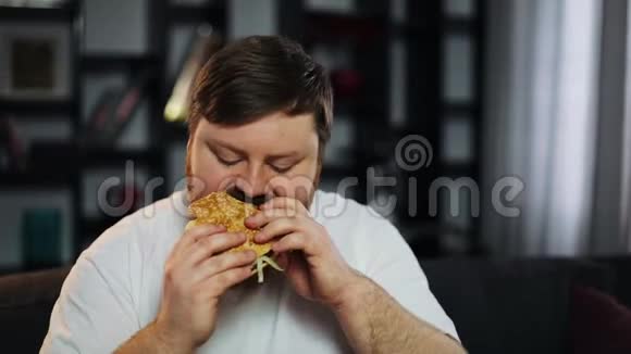 胖子看电视坐在家里的沙发上吃汉堡肥胖营养不良的概念视频的预览图