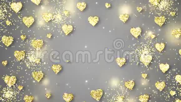 金色闪亮的心在灰色背景上闪耀着文字情人节节日抽象循环动画视频的预览图