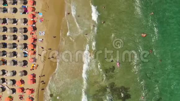 从高空俯瞰在蔚蓝的沙滩上飞翔人们在毛巾上晒太阳在绿水中嬉戏视频的预览图