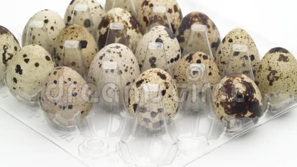 雄性手从打开的透明鸡蛋盒里一个个放三个鹌鹑蛋孤立于白色视频的预览图
