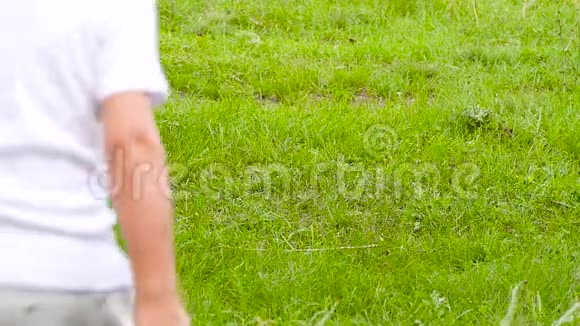 一个孩子和一个爸爸在草地上用球踢足球一个男人的腿和一个拿着球的男孩视频的预览图