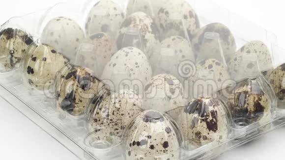男手打开透明的鸡蛋纸箱装满鹌鹑鸡蛋从盒子里拿出一个鹌鹑蛋孤立于白色视频的预览图