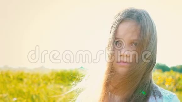有吸引力的小女孩的肖像有一个棕色的大眼睛自然背景和发育的头发女孩移除视频的预览图