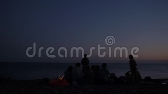 一群带着孩子的人在日落和海滩上燃烧的火上剪影篝火晚会视频的预览图