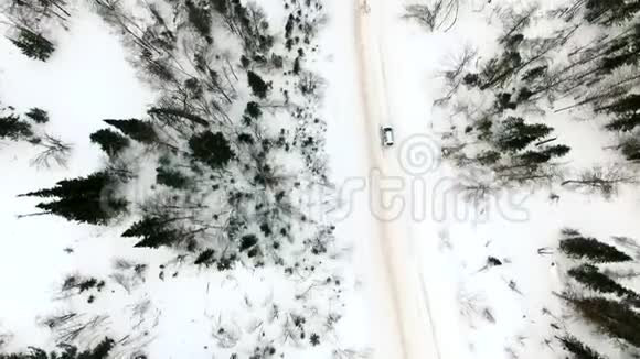 顶景汽车在白雪覆盖的森林里公路上行驶视频的预览图