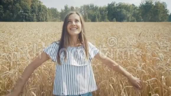 美丽的年轻女子掉进麦子里视频的预览图