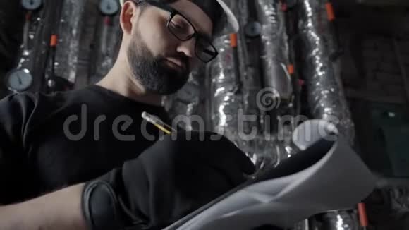 有胡子的人戴着眼镜戴着白盔站在锅炉房视频的预览图