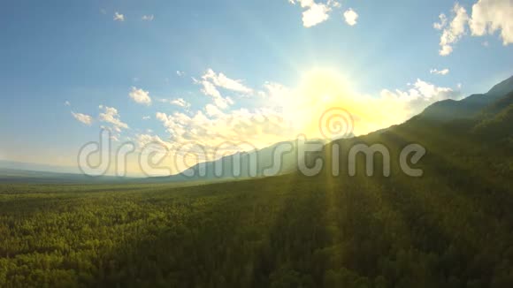 空中射击在山上日落时分在森林上空盘旋火焰视频的预览图