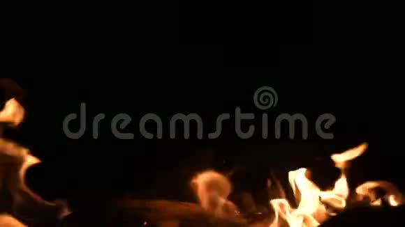 营地火灾特写火焰在黑色背景上完全黑暗碳氢化合物的天然热能视频的预览图