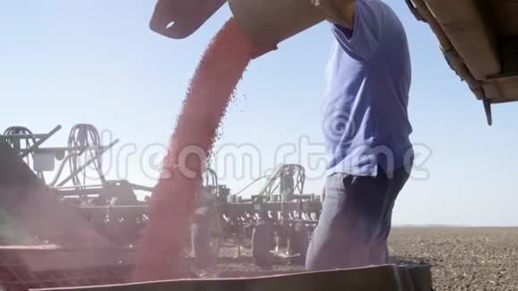 在秋收期间玉米被倒进一个农民的农田里的抛粮机里视频的预览图