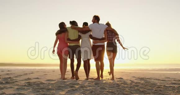 日落时分年轻的成年朋友在海滩上放松视频的预览图