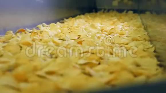 油炸薯片在食品生产工厂的一条生产线上移动视频的预览图