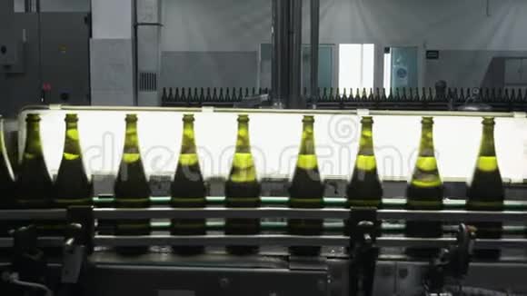 带有酒精的瓶子沿着自动传送带移动香槟工厂的质量控制视频的预览图