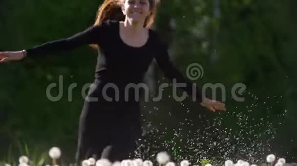 快乐的年轻女子穿过飞舞的绒毛跑到蒲公英的草地上视频的预览图
