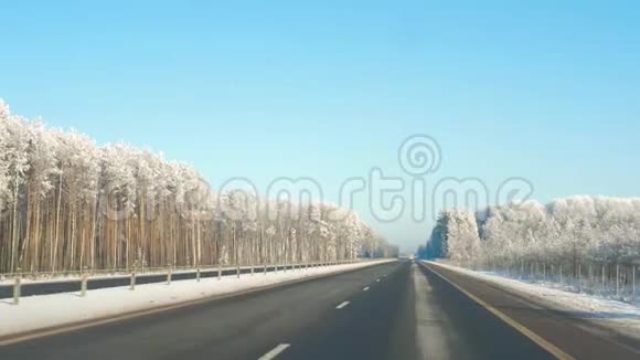 在阳光明媚的冬日在令人惊叹的公路上行驶霜冻的树木视频的预览图
