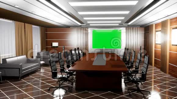 配有木地板书桌扶手椅和带绿色屏幕的电视面板的现代化空办公室视频的预览图