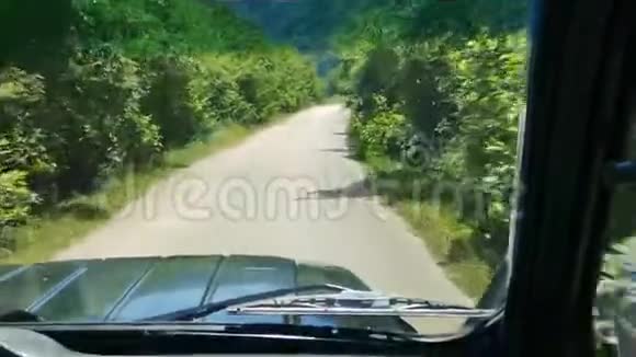 POV驾驶吉普车在绿色植物之间的崎岖道路上行驶视频的预览图