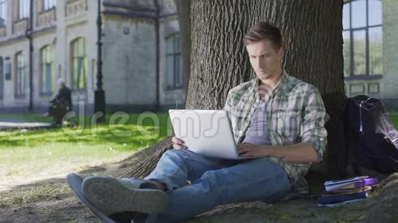 在校园大树下坐着的笔记本电脑上工作的高中生视频的预览图