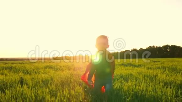 一个穿着超级英雄服装的孩子穿着红色斗篷在夕阳的映衬下穿过绿色的草坪走向视频的预览图