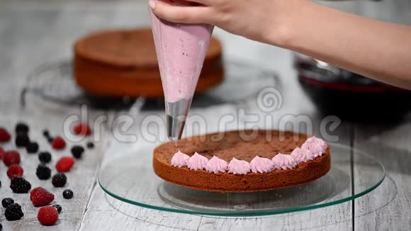 准备用浆果做巧克力蛋糕女手装饰蛋糕视频的预览图