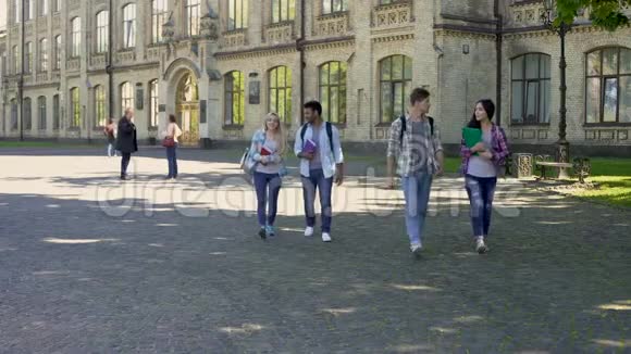 混合种族的学生下课后在大学院子里散步视频的预览图