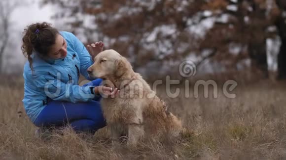 开朗的女人抚摸她的拉布拉多猎犬视频的预览图