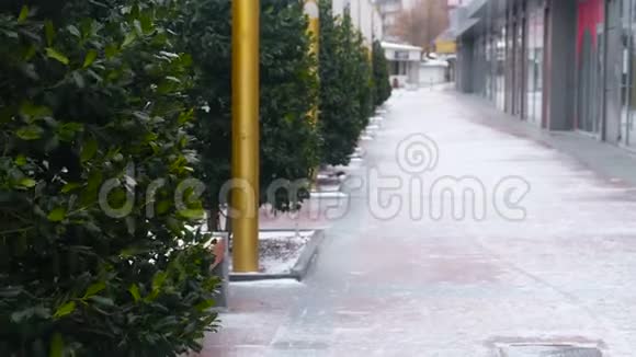 白雪覆盖的美丽小巷城市里有绿树和商店视频的预览图