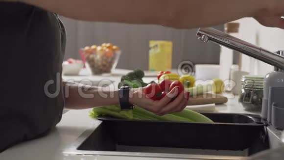 女人洗西红柿厨房里的蔬菜特写镜头4K录像视频的预览图