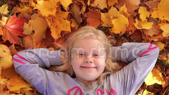 秋天公园里一个美丽的女孩的画像秋天公园里一个美丽的女孩落叶的画像视频的预览图