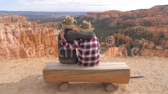 爱情夫妻坐在原木上看布莱斯峡谷的风景视频的预览图