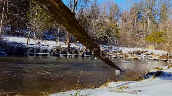 冬天的河流和雪岸背景为美丽森林环绕的住宅地下别墅视频的预览图