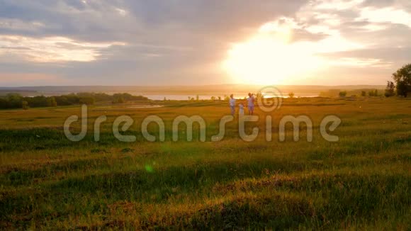 一个有孩子的家庭正沿着绿色的草地走向日落跑把孩子举起来拥抱爱视频的预览图