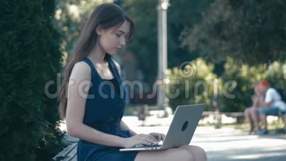 学生女孩在校园户外工作在城市街道的长凳上工作视频的预览图