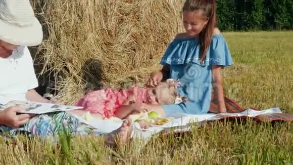 快乐的一家人在草地上野餐视频的预览图