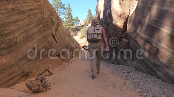 一个爱徒步旅行的成熟女人在峡谷的光滑和沉重的岩石之间徘徊视频的预览图