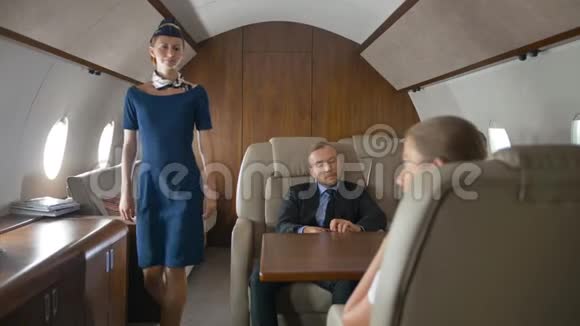 私人飞机里的商人与空姐交谈视频的预览图