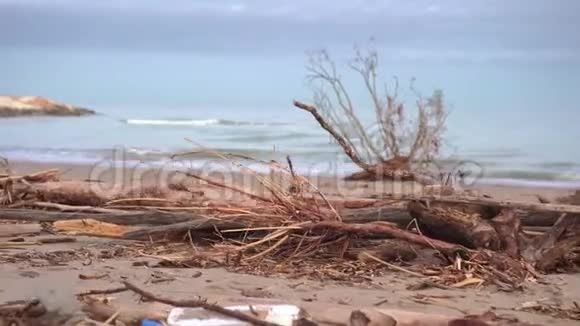 过去的暴风雨带来的海岸上的泥土和垃圾视频的预览图