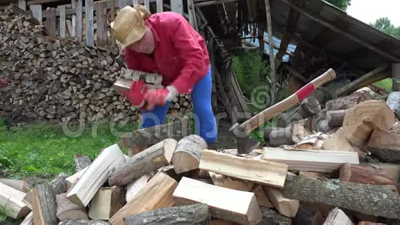 农夫在木架上挑碎的木柴在木棚附近堆起4K视频的预览图