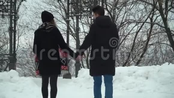 年轻夫妇在冬天的公园里散步手里拿着雪冬闲的幸福恩爱夫妻回去视频的预览图