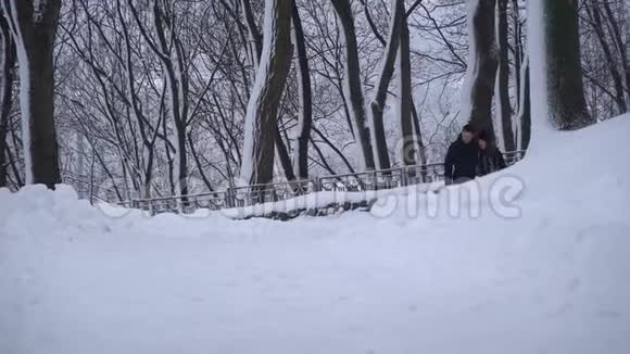 恋爱中的年轻男女在冬天的公园里散步白雪覆盖着双手冬季户外休闲快乐视频的预览图