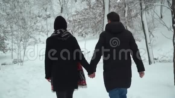 年轻夫妇在冬天的公园里散步手里拿着雪冬季户外休闲的幸福恩爱夫妻回去视频的预览图