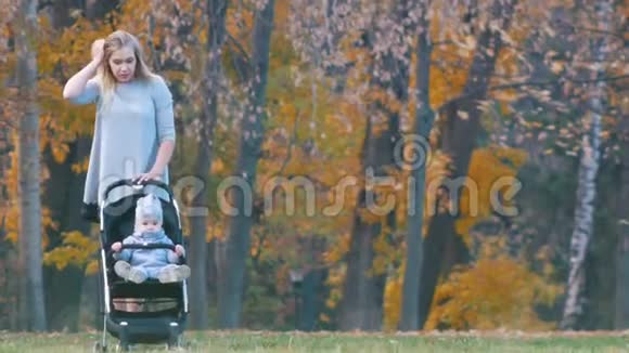 年轻的母亲带着婴儿车带着一个小婴儿在秋天的公园里散步视频的预览图