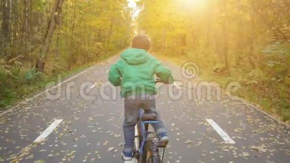 秋天小男孩在城市公园骑蓝色自行车视频的预览图