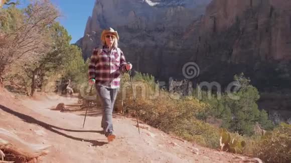 一个徒步旅行的女人在旅行的小径上漫步锡安峡谷的红岩视频的预览图
