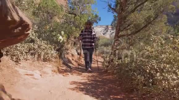 一个徒步旅行者的女人在峡谷和大石头的红岩之间徘徊视频的预览图